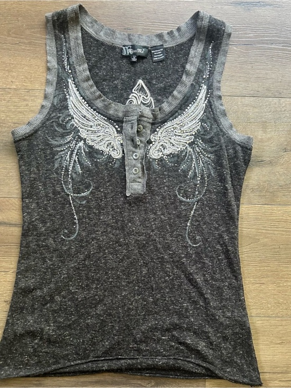 Miss Me Charcoal Henley Tank with Embellished Wing Motif